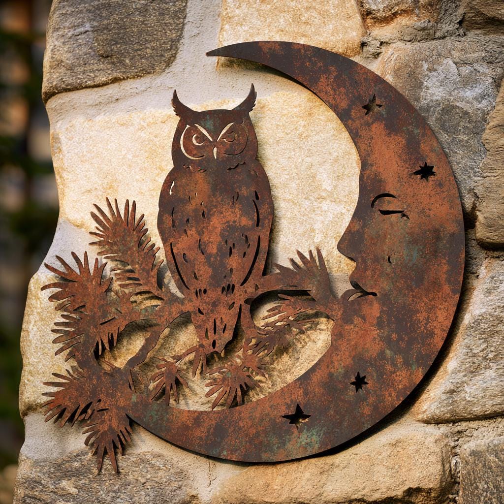 UV Printed Aluminum Owl Moon Metal Wall Art, Celestial Woodland Decor