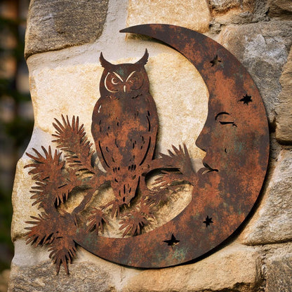 UV Printed Aluminum Owl Moon Metal Wall Art, Celestial Woodland Decor