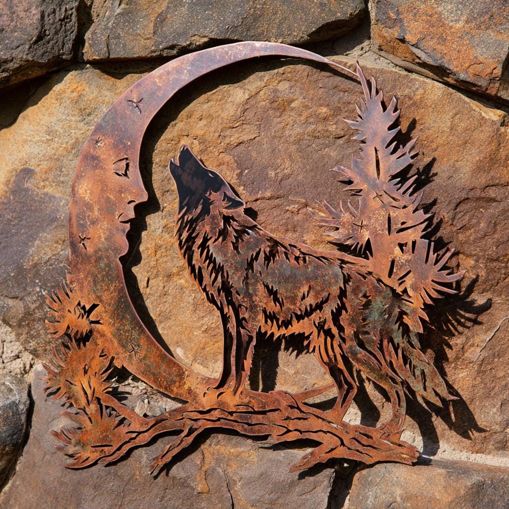 UV Printed Aluminum Wolf Moon Wall Art, Rustic Woodland Decor (2D Metal Sign)