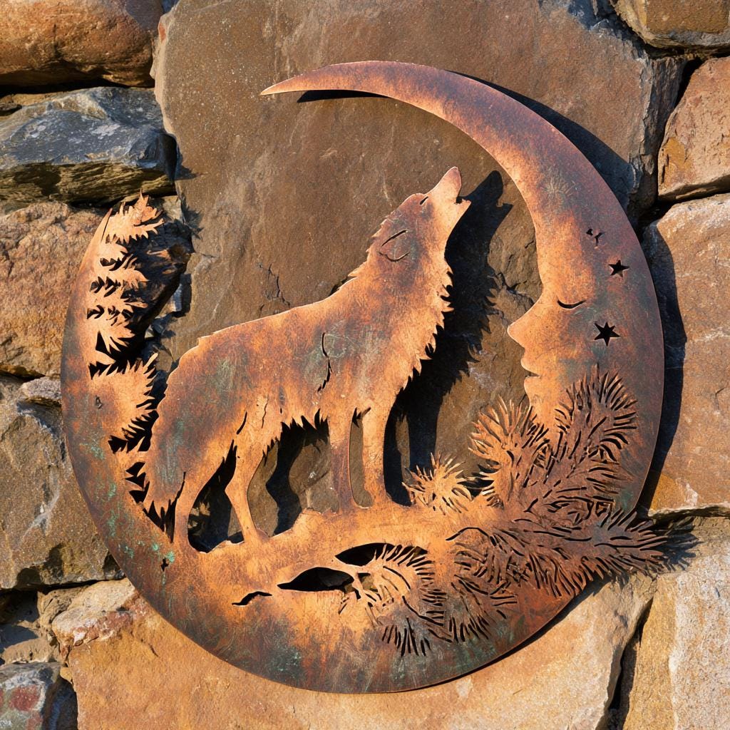 UV Printed Aluminum Wolf Moon Wall Art, Rustic Woodland Decor (2D Metal Sign)