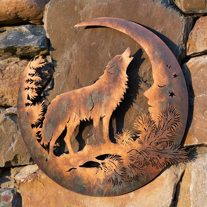 UV Printed Aluminum Wolf Moon Wall Art, Rustic Woodland Decor (2D Metal Sign)