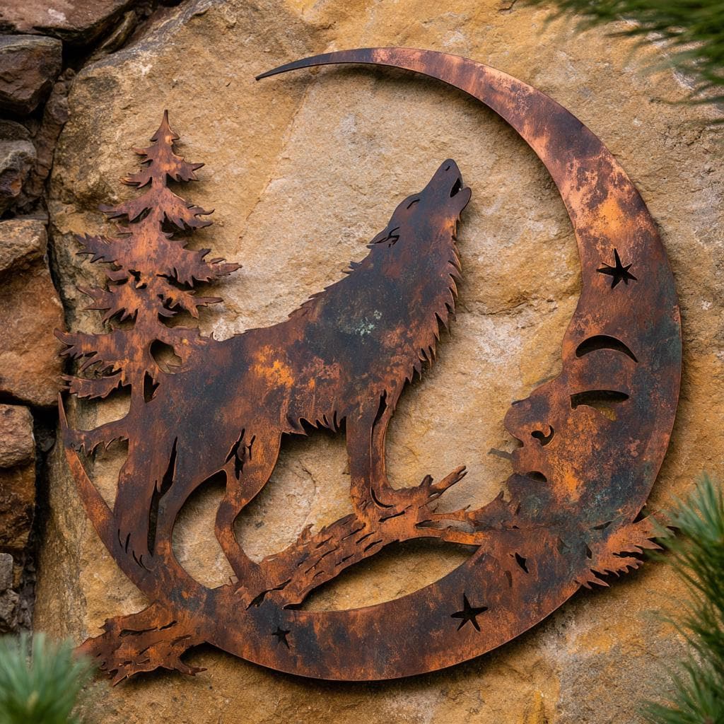 UV Printed Aluminum Wolf Moon Wall Art, Rustic Woodland Decor (2D Metal Sign)