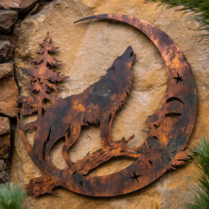 UV Printed Aluminum Wolf Moon Wall Art, Rustic Woodland Decor (2D Metal Sign)