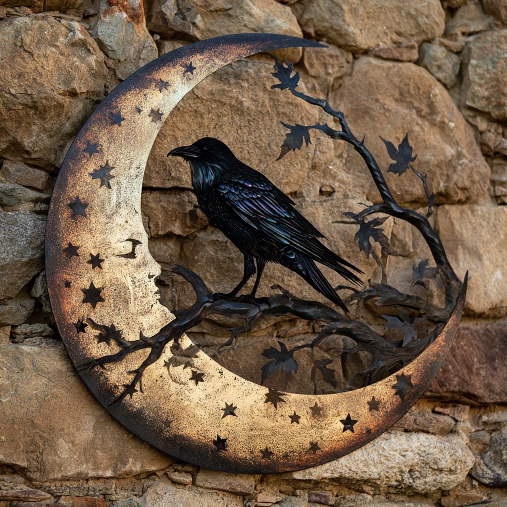 Raven Moon Metal Wall Art, Gothic Celestial Sign, UV Printed Aluminum Decor