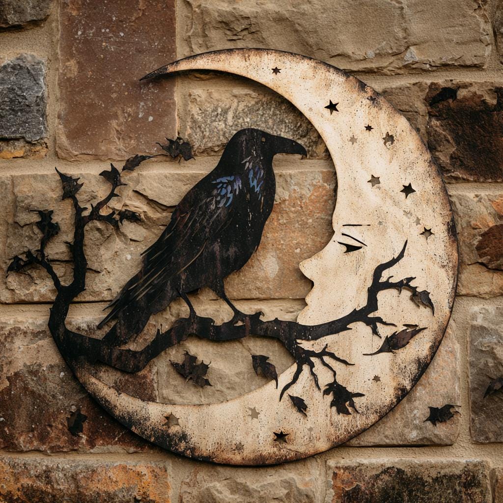 Raven Moon Metal Wall Art, Gothic Celestial Sign, UV Printed Aluminum Decor
