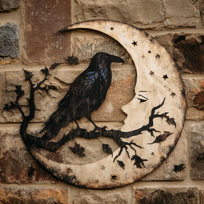 Raven Moon Metal Wall Art, Gothic Celestial Sign, UV Printed Aluminum Decor