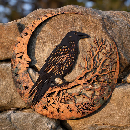 Raven Moon Metal Wall Art, Gothic Celestial Sign, UV Printed Aluminum Decor