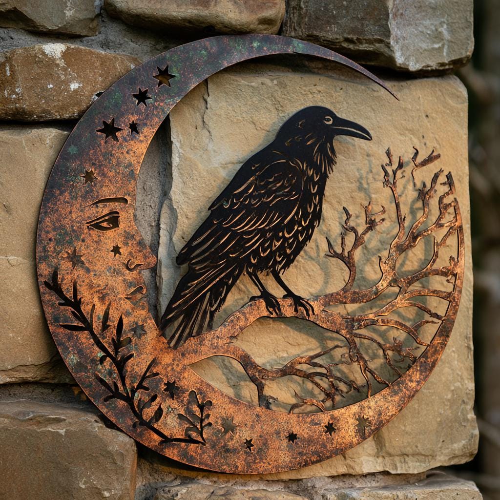 Raven Moon Metal Wall Art, Gothic Celestial Sign, UV Printed Aluminum Decor