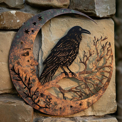 Raven Moon Metal Wall Art, Gothic Celestial Sign, UV Printed Aluminum Decor