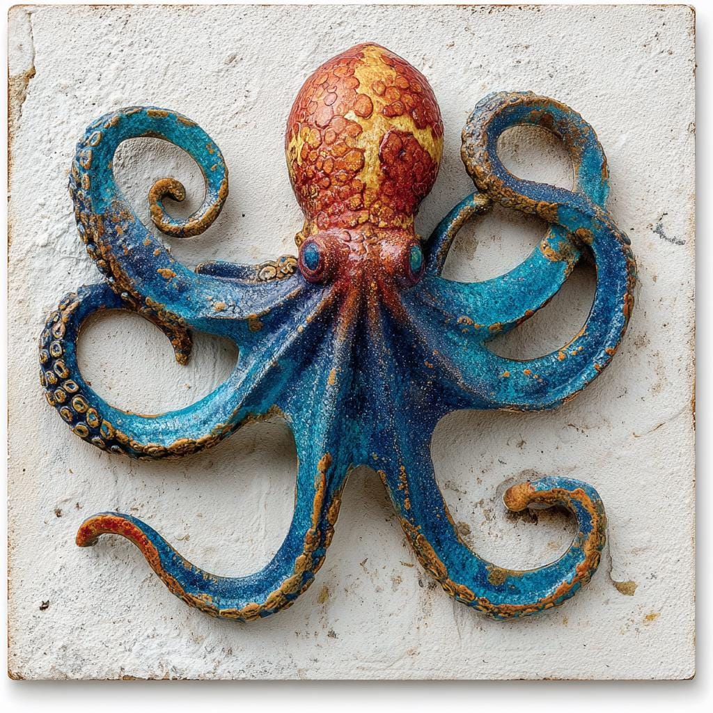 UV Printed Aluminum Octopus Wall Art, Coastal Marine Decor (2D Metal Sign)