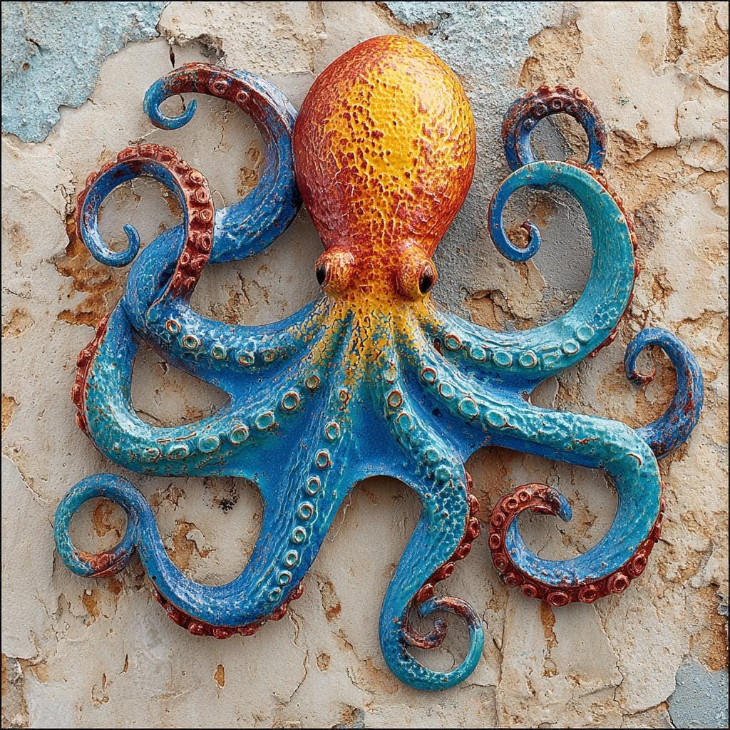UV Printed Aluminum Octopus Wall Art, Coastal Marine Decor (2D Metal Sign)