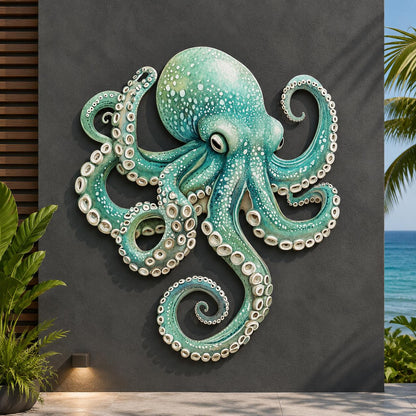 UV Printed Aluminum Octopus Wall Art, Coastal Marine Decor (2D Metal Sign)