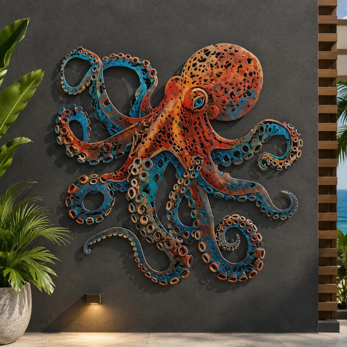 UV Printed Aluminum Octopus Wall Art, Coastal Marine Decor (2D Metal Sign)