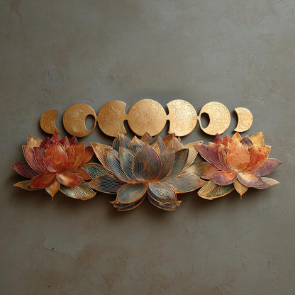 Moon Phase Lotus Metal Wall Art, Celestial Boho Decor (UV Printed Aluminum)