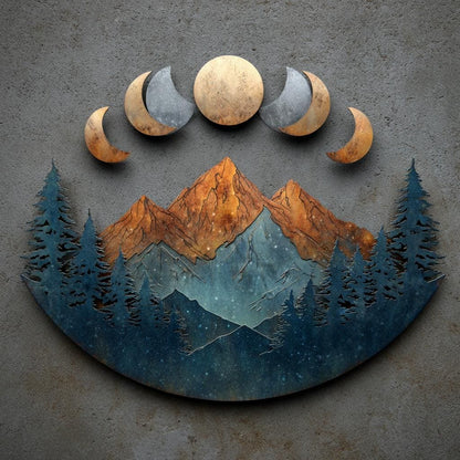 UV Printed Aluminum Mountain Moon Phase Wall Art, Rustic Forest Cabin Decor