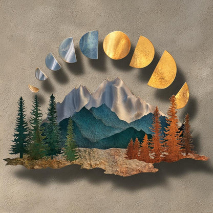 UV Printed Aluminum Mountain Moon Phase Wall Art, Rustic Forest Cabin Decor