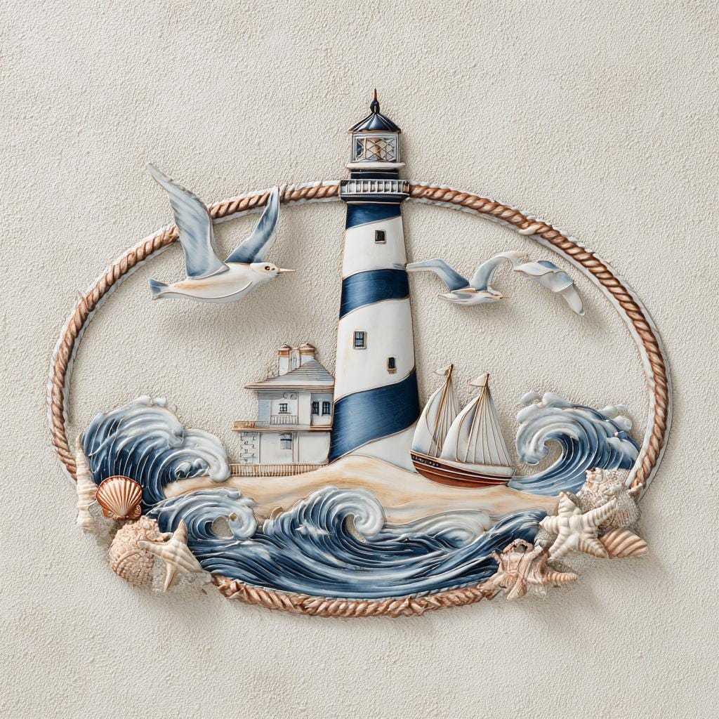 UV Printed Aluminum Lighthouse Wall Art, Coastal Nautical Decor (Flat 2D Metal Sign)