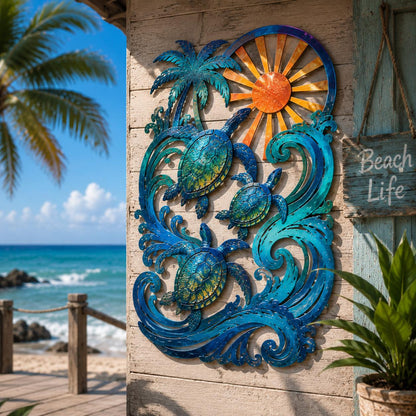UV Printed Aluminum Sea Turtle Palm Tree Wall Art, Coastal Beach House Decor