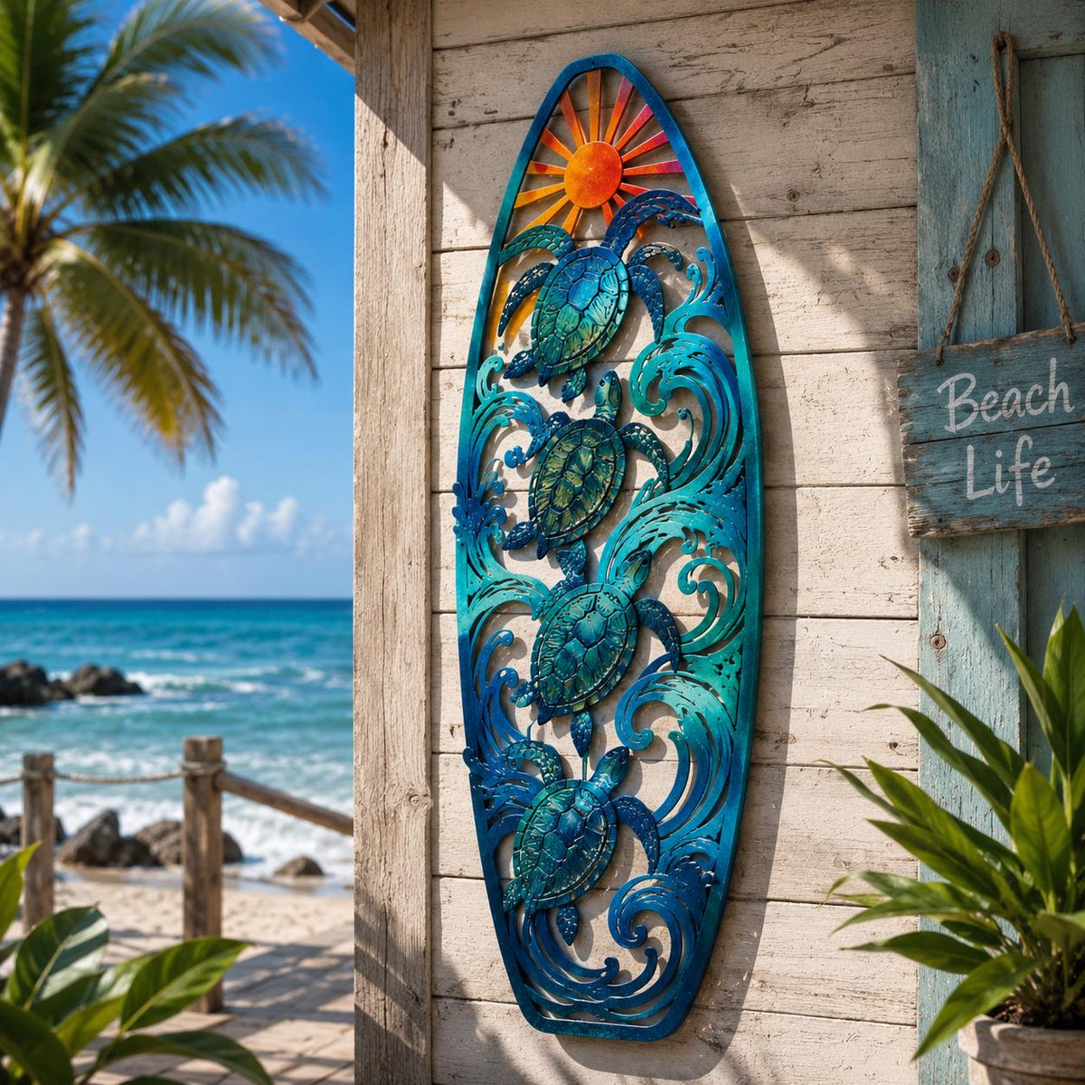 UV Printed Aluminum Sea Turtle Palm Tree Wall Art, Coastal Beach House Decor