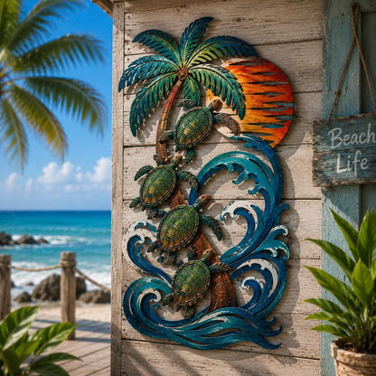 UV Printed Aluminum Sea Turtle Palm Tree Wall Art, Coastal Beach House Decor