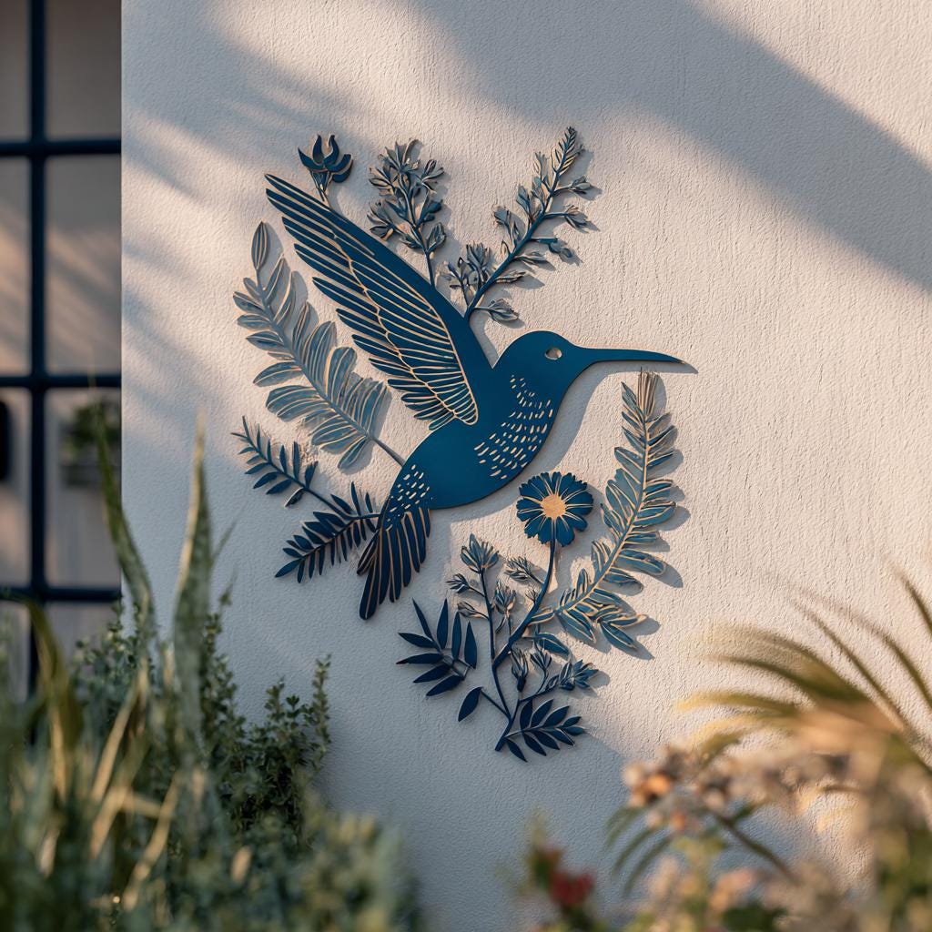 UV Printed Aluminum Hummingbird Wall Art, Floral Garden Decor (2D Metal Sign)