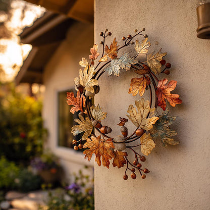 UV Printed Aluminum Fall Wreath Wall Art, Rustic Farmhouse Leaf Decor (2D Metal Sign)