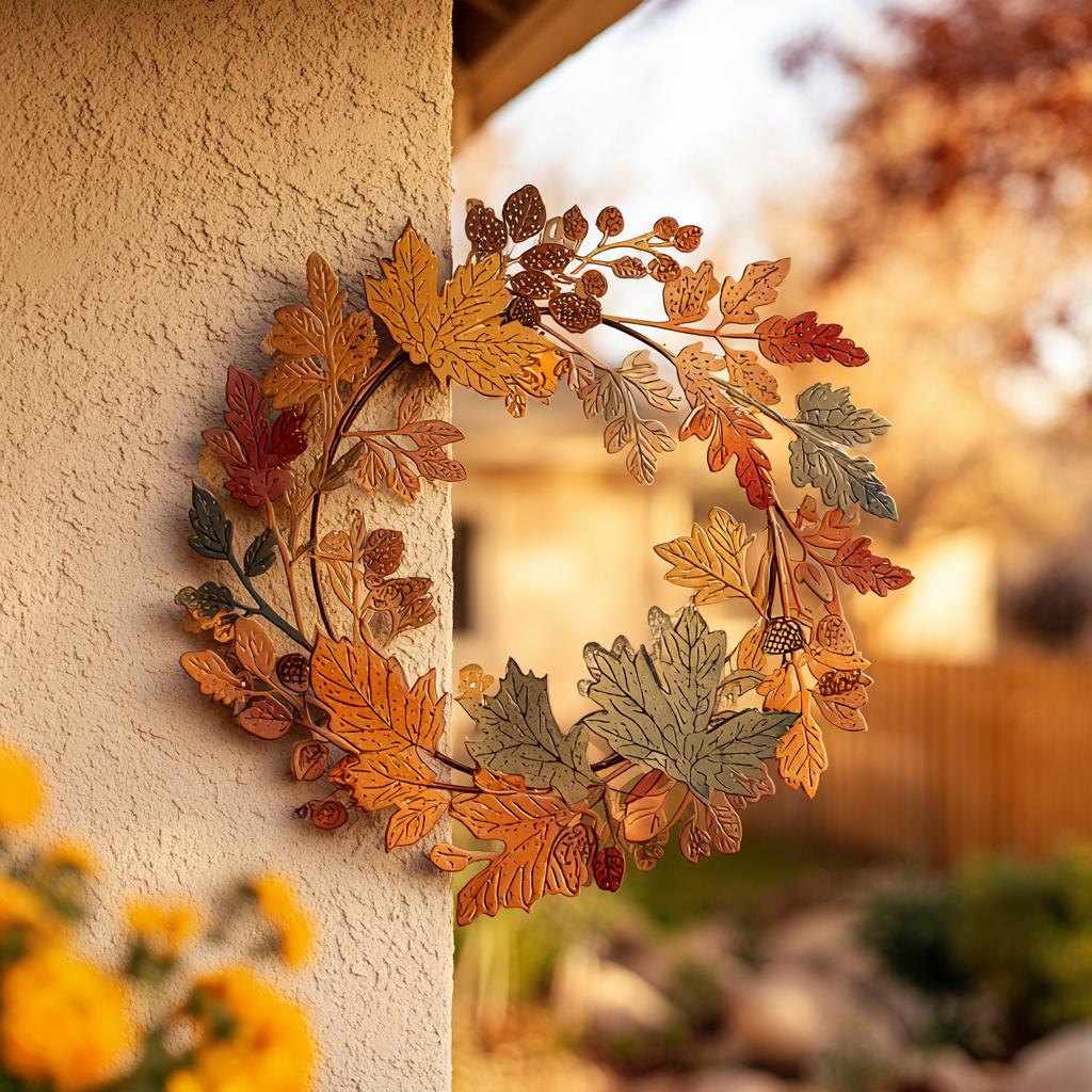 UV Printed Aluminum Fall Wreath Wall Art, Rustic Farmhouse Leaf Decor (2D Metal Sign)