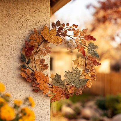 UV Printed Aluminum Fall Wreath Wall Art, Rustic Farmhouse Leaf Decor (2D Metal Sign)