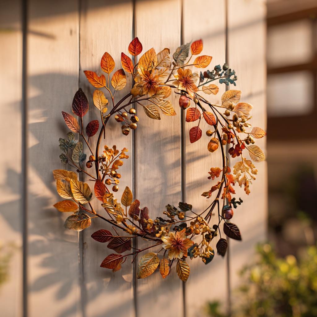 UV Printed Aluminum Fall Wreath Wall Art, Rustic Farmhouse Leaf Decor (2D Metal Sign)