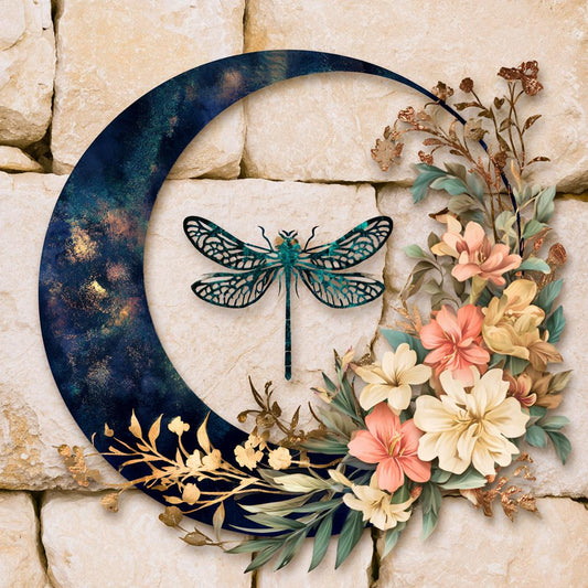Dragonfly Moon Garden Metal Wall Art, UV Printed Aluminum Sign, Cottagecore Decor