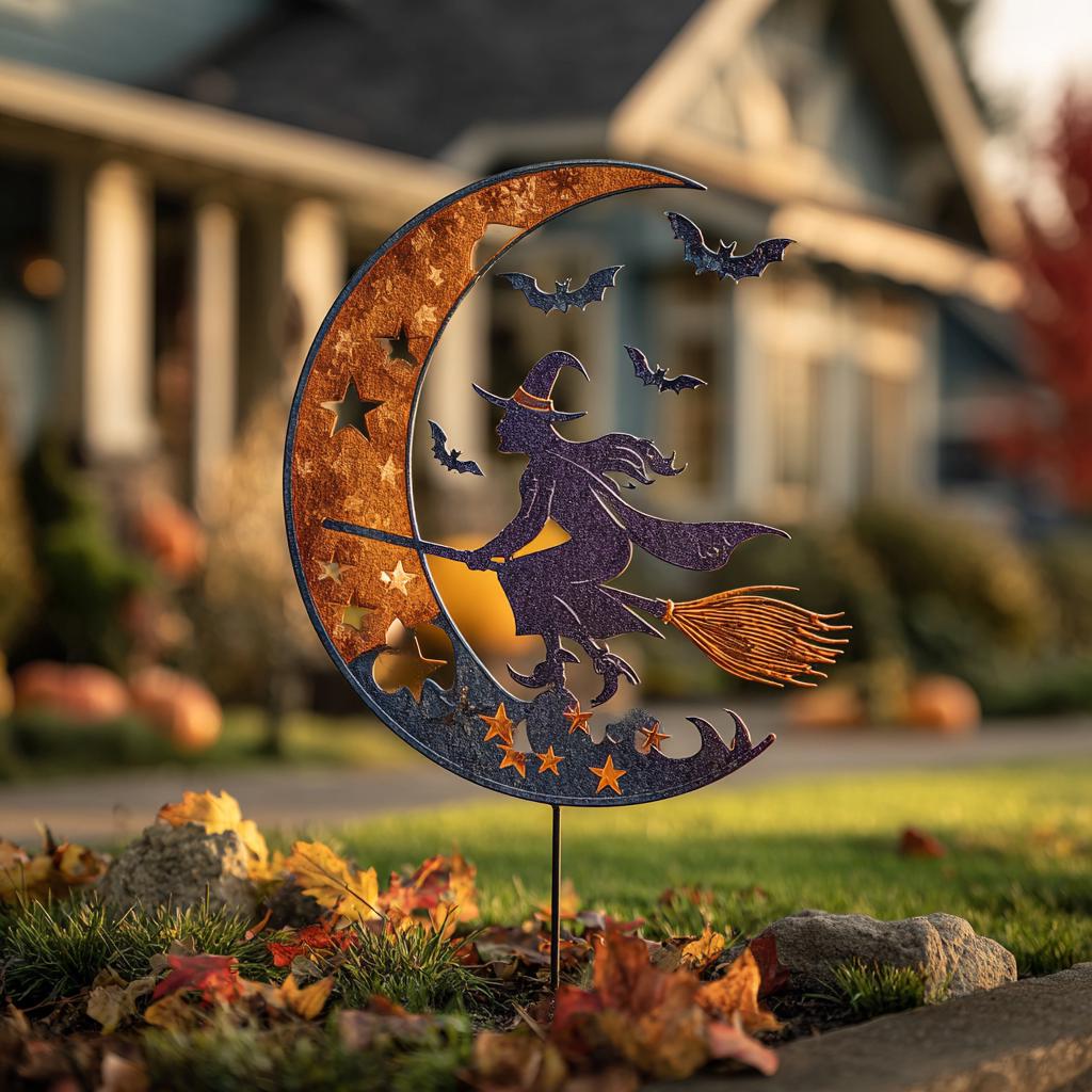 UV Printed Aluminum Witch Yard Stake, Crescent Moon Halloween Garden Decor