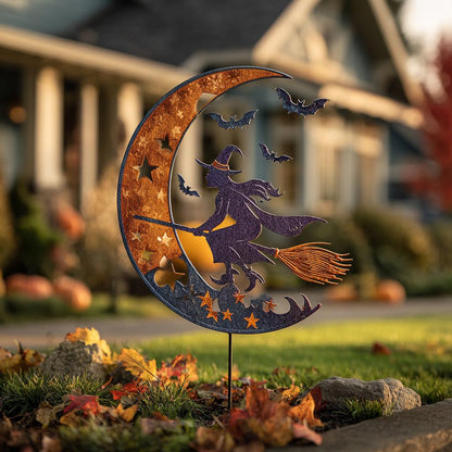 UV Printed Aluminum Witch Yard Stake, Crescent Moon Halloween Garden Decor