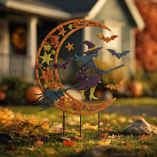 UV Printed Aluminum Witch Yard Stake, Crescent Moon Halloween Garden Decor