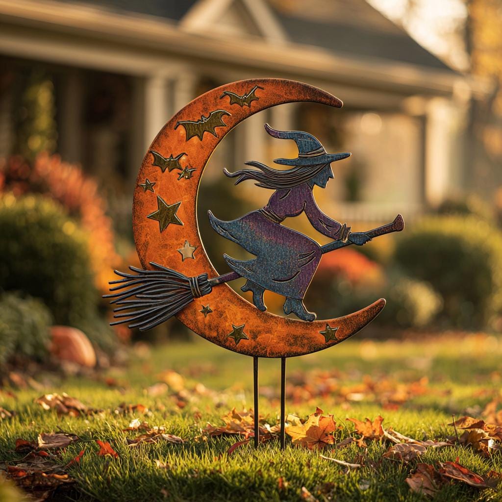 UV Printed Aluminum Witch Yard Stake, Crescent Moon Halloween Garden Decor