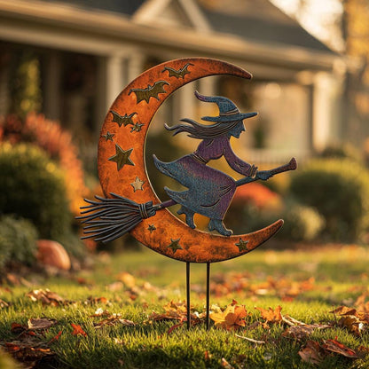 UV Printed Aluminum Witch Yard Stake, Crescent Moon Halloween Garden Decor