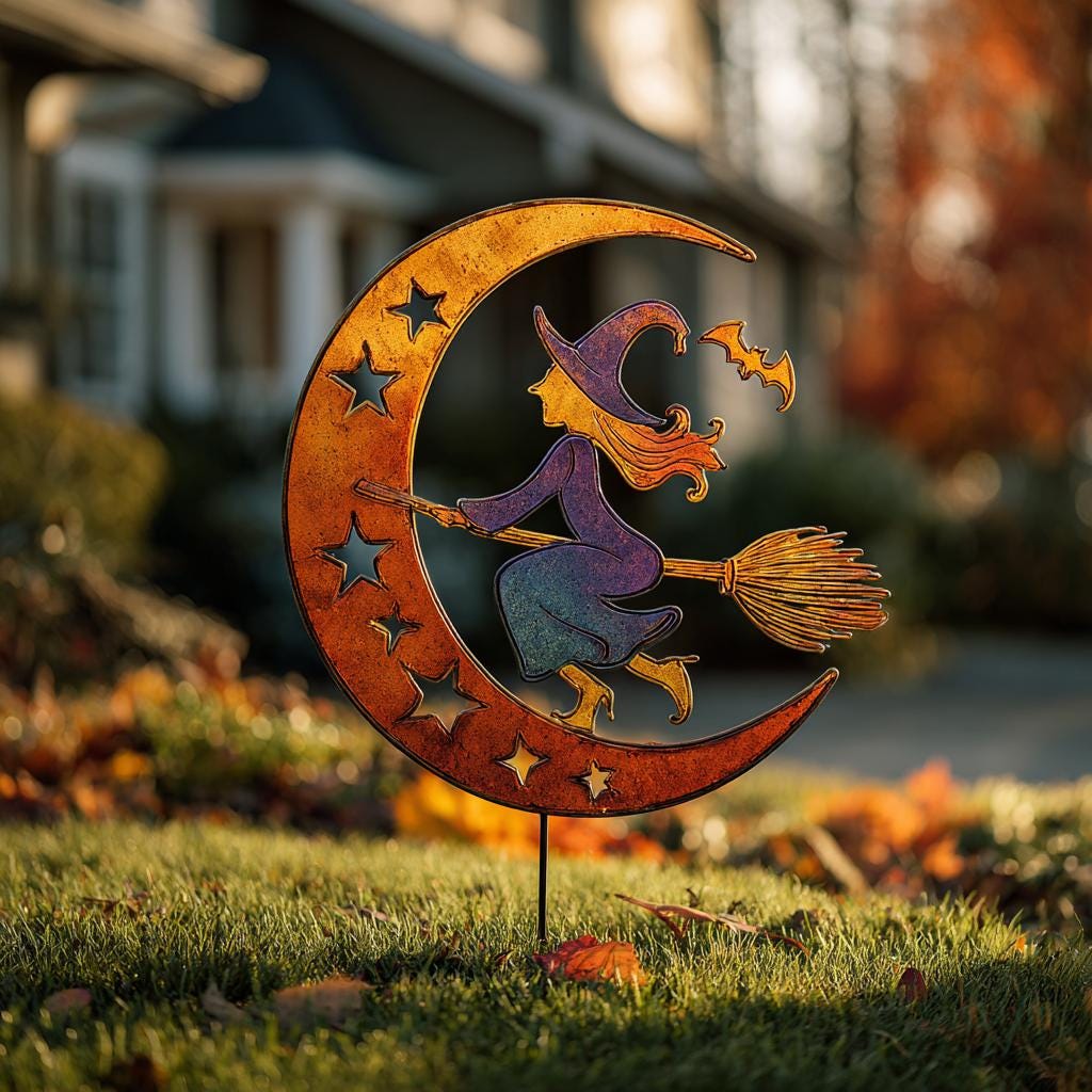 UV Printed Aluminum Witch Yard Stake, Crescent Moon Halloween Garden Decor