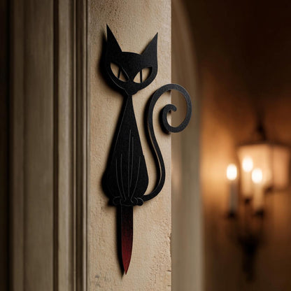 Black Cat With Knife Halloween Metal Sign, Gothic Wall Art (UV Printed Aluminum)