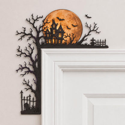 UV Printed Aluminum Halloween Door Topper, Gothic House, Moon, Bats (Flat Metal Art)