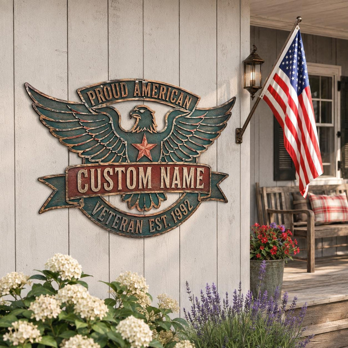 Custom Name Veteran Metal Wall Art, Proud American Eagle Sign (UV Printed Aluminum)
