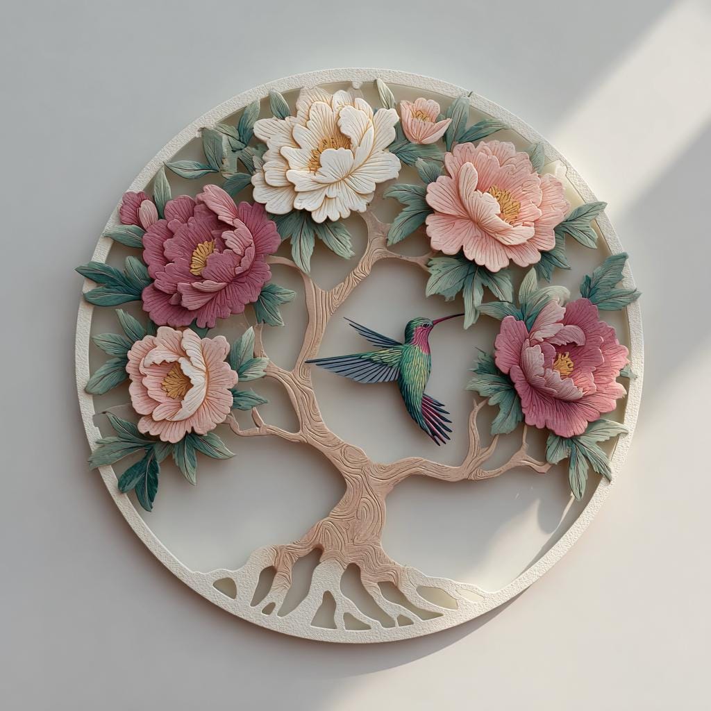 Tree of Life Peony Hummingbird Metal Wall Art, Floral Botanical Decor (UV Printed Aluminum)