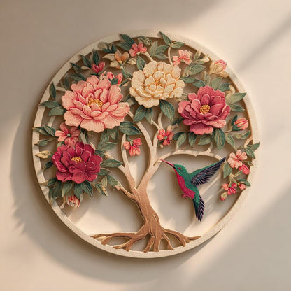 Tree of Life Peony Hummingbird Metal Wall Art, Floral Botanical Decor (UV Printed Aluminum)