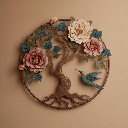 Tree of Life Peony Hummingbird Metal Wall Art, Floral Botanical Decor (UV Printed Aluminum)