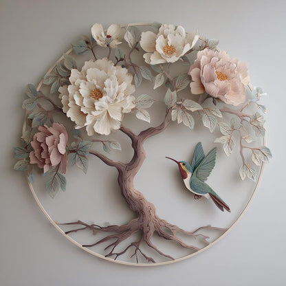 Tree of Life Peony Hummingbird Metal Wall Art, Floral Botanical Decor (UV Printed Aluminum)