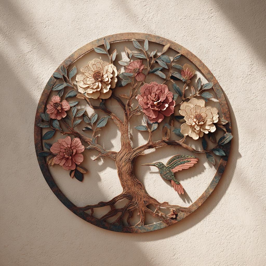 Tree of Life Peony Hummingbird Metal Wall Art, Floral Botanical Decor (UV Printed Aluminum)