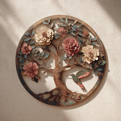 Tree of Life Peony Hummingbird Metal Wall Art, Floral Botanical Decor (UV Printed Aluminum)