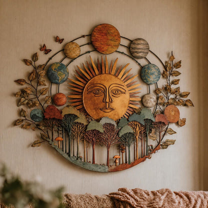 UV Printed Aluminum Metal Wall Art, Celestial Sun, Forest Trees, Planets (2D)