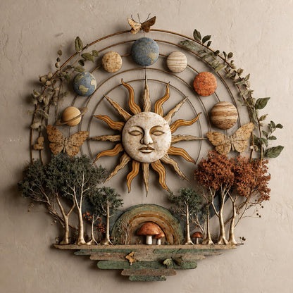 UV Printed Aluminum Metal Wall Art, Celestial Sun, Forest Trees, Planets (2D)