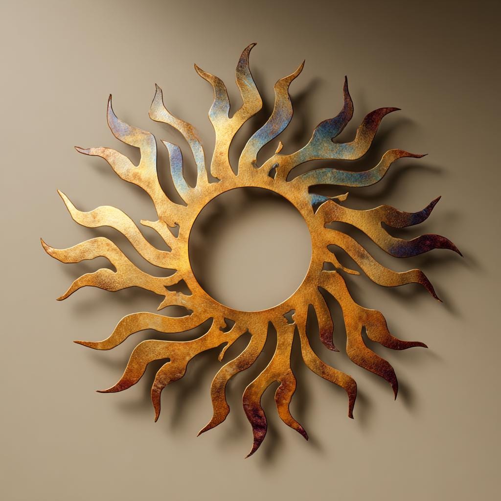 UV Printed Aluminum Sun Wall Art, Rustic Fire Decor, Outdoor Patio Sign (2D Metal)