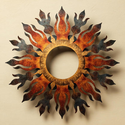 UV Printed Aluminum Sun Wall Art, Rustic Fire Decor, Outdoor Patio Sign (2D Metal)