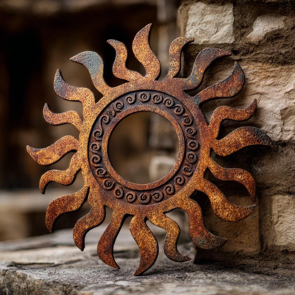UV Printed Aluminum Sun Wall Art, Rustic Fire Decor, Outdoor Patio Sign (2D Metal)